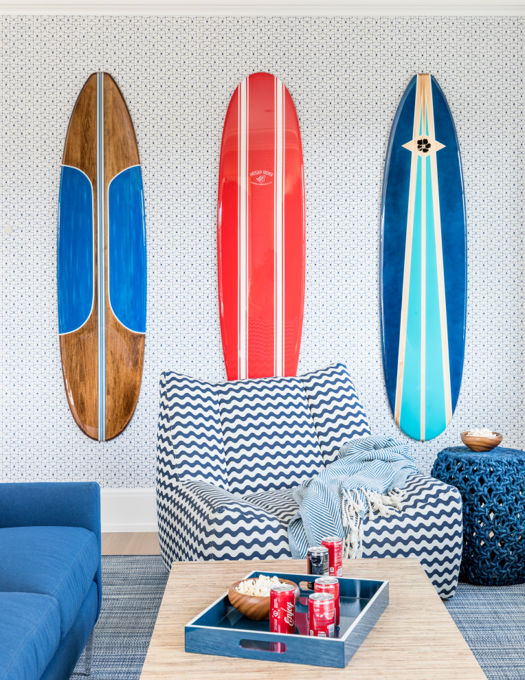 Beach style gender-neutral kids' playroom in New York with multi-coloured walls.