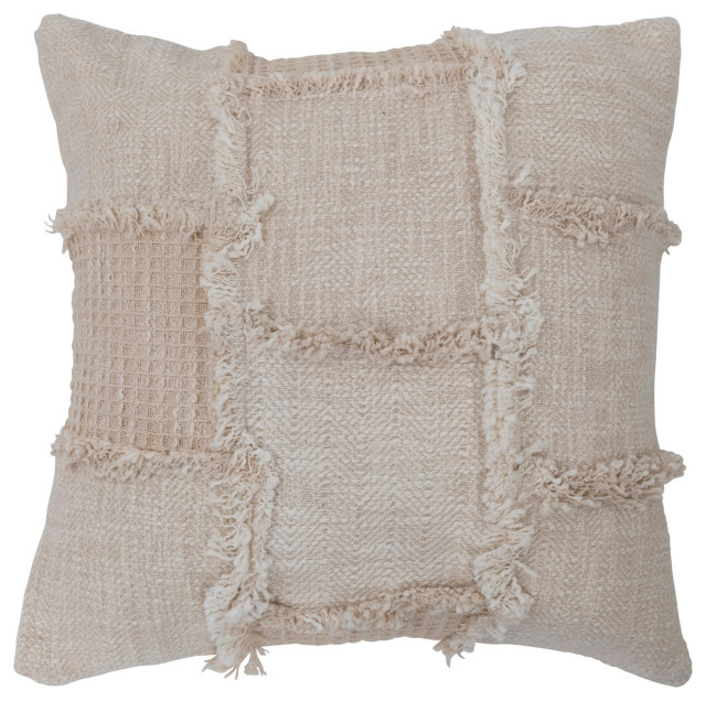 Woven Cotton and Wool Patchwork Pillow With Frayed Edges Contemporary