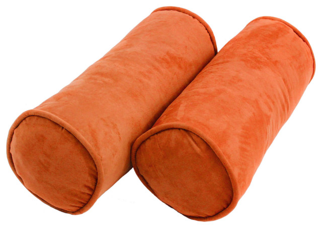 20"X8" Double-Corded Solid Microsuede Bolster Pillows, Set of 2, Tangerine Dream