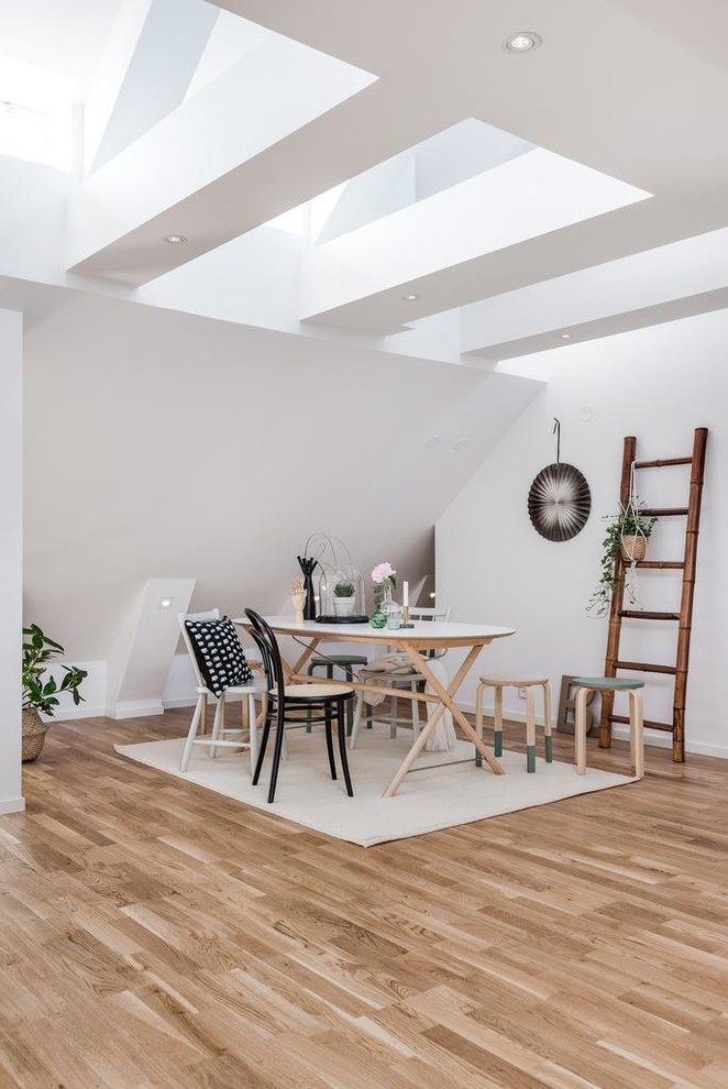 This is an example of a large scandinavian open plan dining in Other with white walls, medium hardwood floors, no fireplace and brown floor.