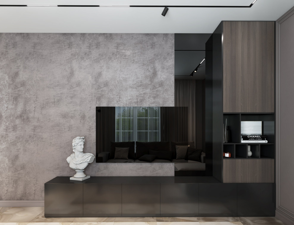 Свежая идея для дизайна: открытая гостиная комната среднего размера в современном стиле с серыми стенами, полом из керамогранита, телевизором на стене, бежевым полом и акцентной стеной - отличное фото интерьера
