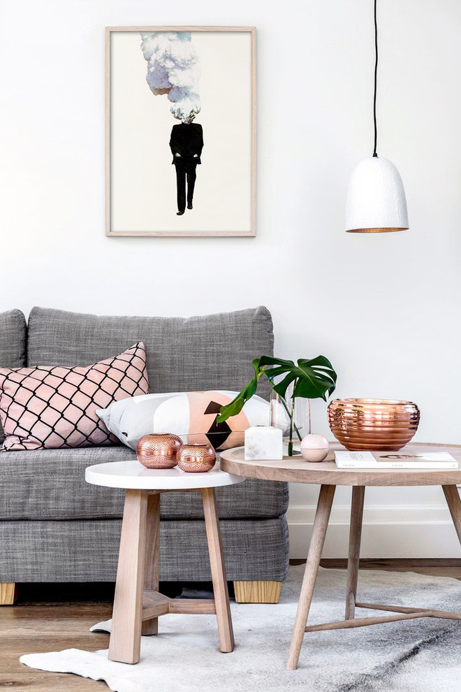 Photo of a scandinavian living room in London with white walls and light hardwood floors.