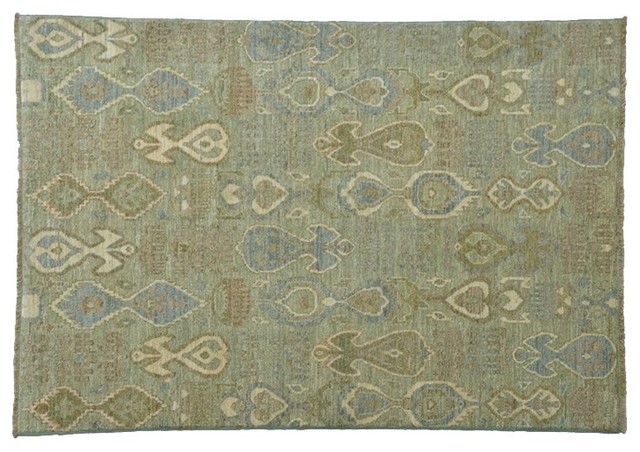 Oriental Rug Ikat Uzbek, Hand-Knotted Light Green 100% Wool Rug