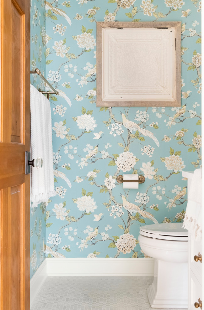 Design ideas for a mid-sized country powder room in Minneapolis with multi-coloured walls, porcelain floors and multi-coloured floor.