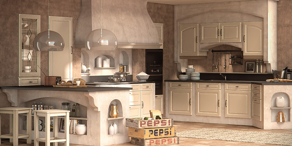 Photo of a country kitchen in Marseille with panelled appliances.