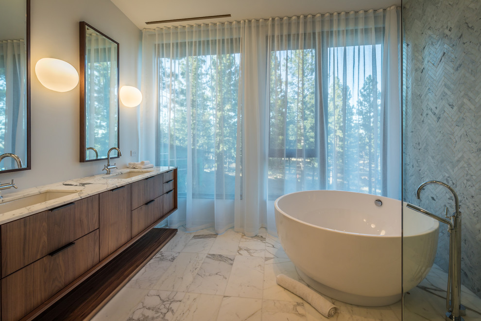 Inspiration for a contemporary master bathroom in Sacramento with flat-panel cabinets, light wood cabinets, a freestanding tub, ceramic tile, an undermount sink, quartzite benchtops and an open shower.