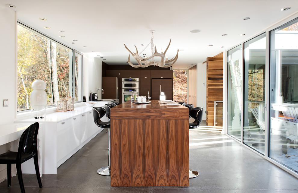 Contemporary kitchen in Montreal with wood benchtops.