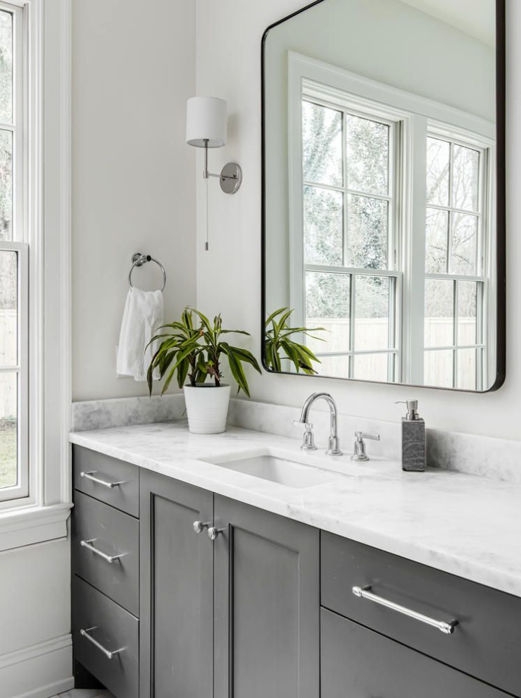 Inspiration for a large transitional 3/4 bathroom in Nashville with shaker cabinets, white walls, marble floors, an undermount sink, marble benchtops, white benchtops, a double vanity, a built-in vanity and grey cabinets.