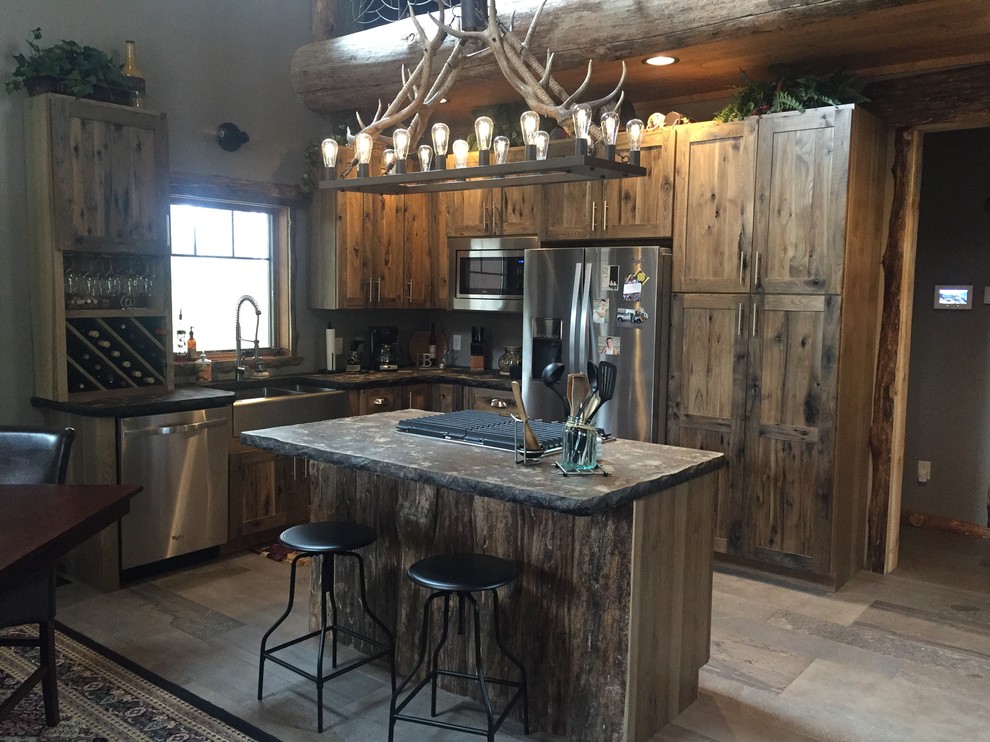 Inspiration for a small rustic l-shaped porcelain tile open concept kitchen remodel with a farmhouse sink, shaker cabinets, medium tone wood cabinets, concrete countertops, stainless steel appliances and an island