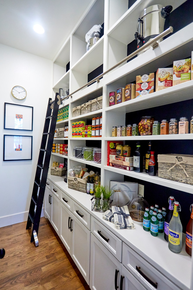 Photo of a mid-sized eclectic single-wall kitchen pantry in Dallas with recessed-panel cabinets, white cabinets, solid surface benchtops and dark hardwood floors.