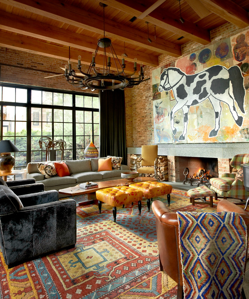 Inspiration for a transitional formal living room in Chicago with a ribbon fireplace and a brick fireplace surround.