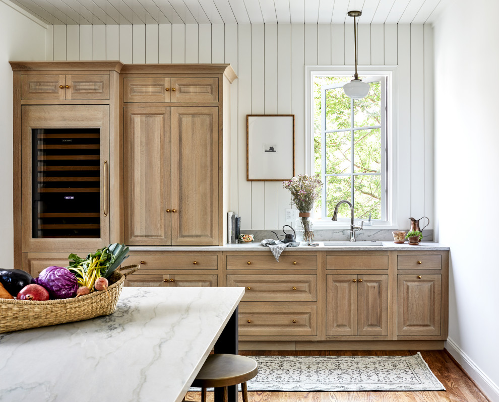 Design ideas for a large transitional separate kitchen in DC Metro with an undermount sink, beaded inset cabinets, light wood cabinets, quartzite benchtops, grey splashback, shiplap splashback, coloured appliances, medium hardwood floors, with island, brown floor, grey benchtop and timber.