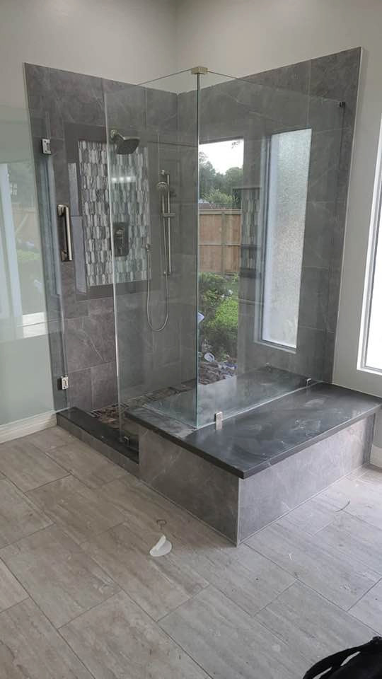 Example of a mid-sized master white tile and cement tile ceramic tile, gray floor, single-sink and coffered ceiling bathroom design in Houston with shaker cabinets, white cabinets, a one-piece toilet, white walls, a console sink, marble countertops, white countertops and a built-in vanity