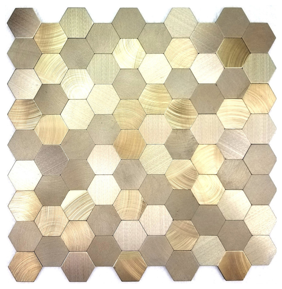 Peel & Stick 1.3125 in x 1.3125 in Brushed Aluminum Metal Hexagon Mosaic in Gold