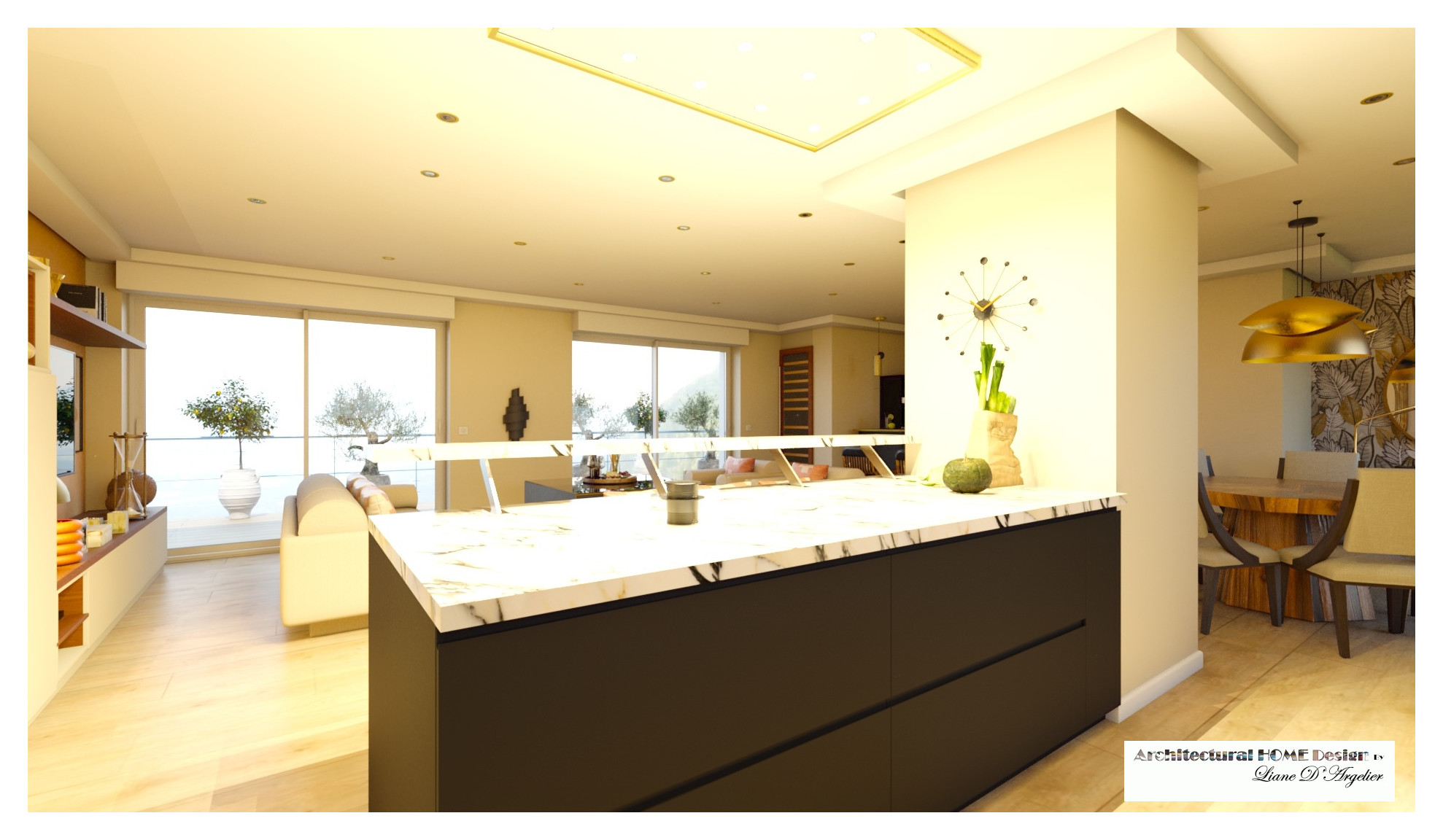Living 60 m² chic avec cuisine ouverte.