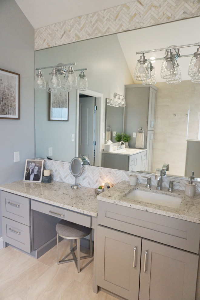 Bathroom - transitional master beige tile and porcelain tile porcelain tile and beige floor bathroom idea in Other with shaker cabinets, gray cabinets, gray walls, an undermount sink, granite countertops, a niche and a built-in vanity