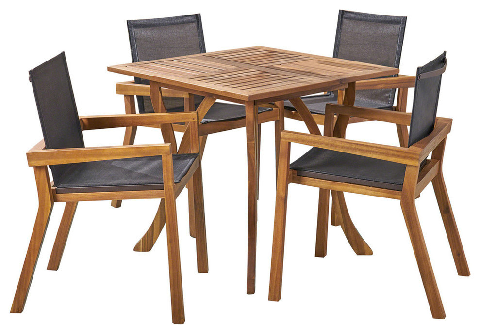 GDF Studio Spencer Outdoor Square Wood Dining Set With Mesh Seats, Teak/Black