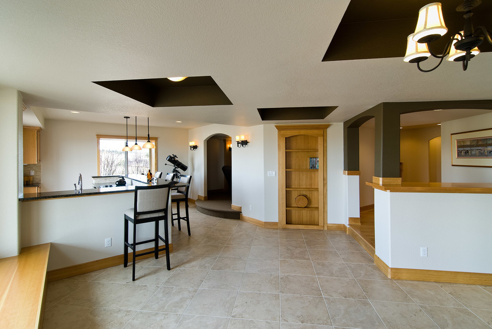 Design ideas for a large transitional look-out basement in Denver with white walls, porcelain floors, no fireplace and beige floor.