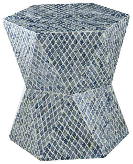 Hexagon Tapered Pedestal Ottoman or Stool, Blue