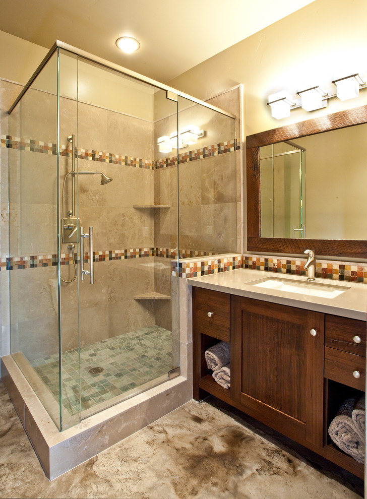 This is an example of a country bathroom in Salt Lake City with mosaic tile.