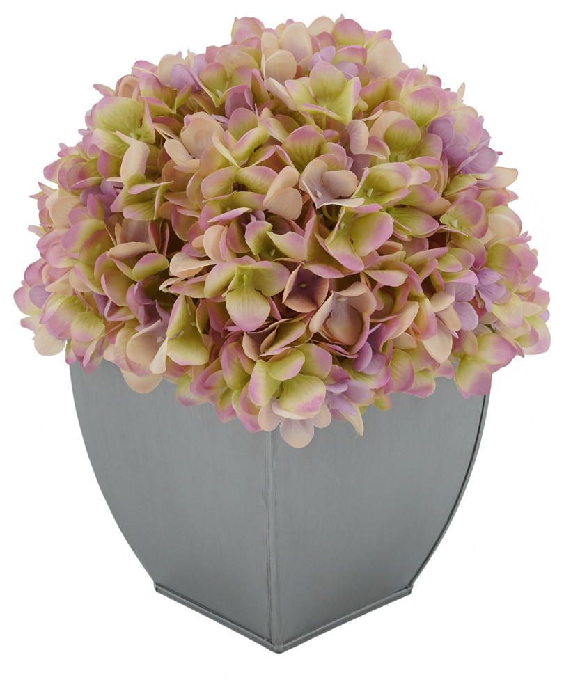 Artificial Hydrangea in Silver Tapered Zinc Cube, Lilac