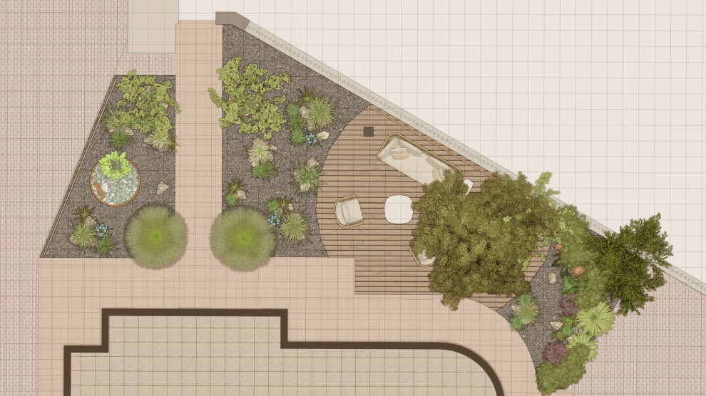 Esempio di un giardino formale industriale esposto a mezz'ombra di medie dimensioni e davanti casa in estate con fontane, pavimentazioni in pietra naturale e recinzione in legno