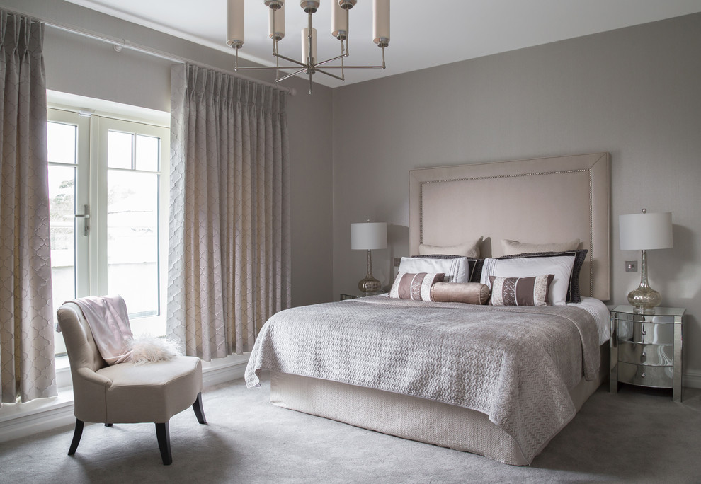 Inspiration for a transitional master bedroom in Dublin with grey walls, carpet and grey floor.