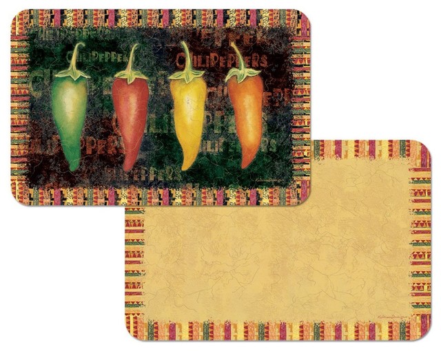 Reversible Plastic Wipe Clean Placemats, Hot and Spicy Peppers , Set of