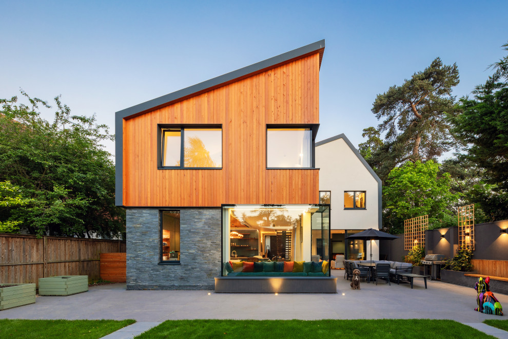 Идея дизайна: двухэтажный, разноцветный частный загородный дом в современном стиле с комбинированной облицовкой и односкатной крышей