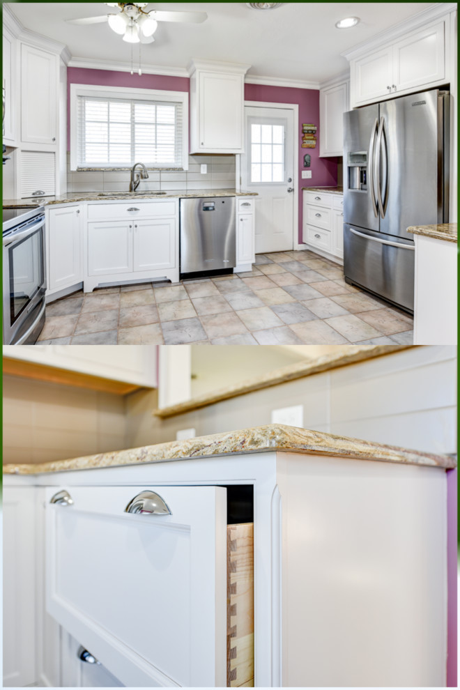 Eat-in kitchen - mid-sized traditional u-shaped ceramic tile eat-in kitchen idea with an undermount sink, recessed-panel cabinets, white cabinets, granite countertops, beige backsplash, ceramic backsplash, stainless steel appliances and no island