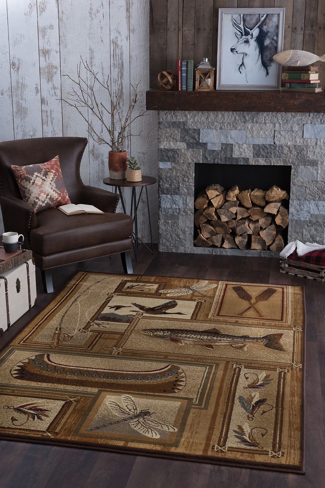 Trout Fishing Novelty Pattern Lodge Area Rug Rustic Outdoor Rugs