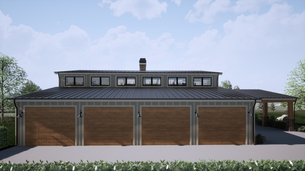Immagine della villa grande beige industriale a due piani con rivestimento con lastre in cemento, tetto a capanna, copertura in metallo o lamiera, tetto grigio e pannelli e listelle di legno
