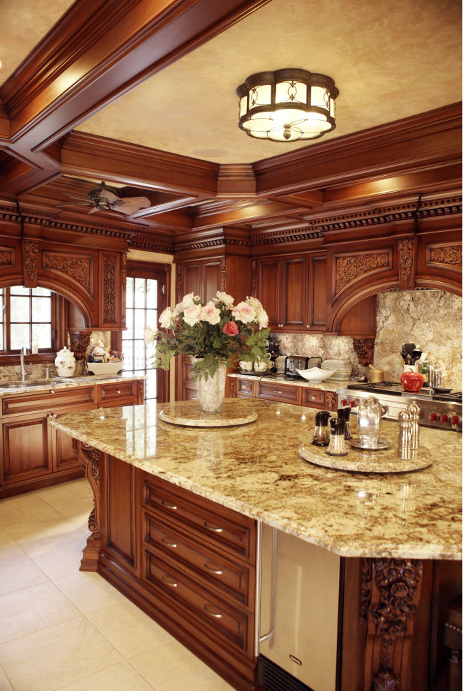 Photo of a large u-shaped kitchen/diner in New York with a built-in sink, shaker cabinets, brown cabinets, engineered stone countertops, beige splashback, engineered quartz splashback, stainless steel appliances, ceramic flooring, an island, beige floors, brown worktops and a coffered ceiling.