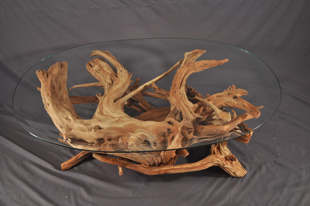 Sandblasted driftwood & glass coffee table