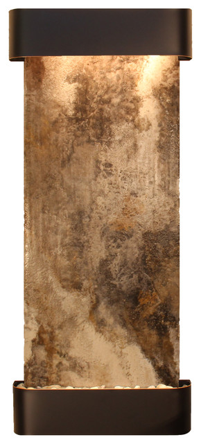 Inspiration Falls Water Fountain, Magnifico Travertine, Blackened Copper, Round