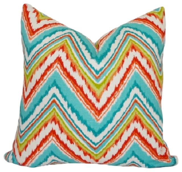 Dena Design Chevron Throw Pillow Blue Lime Green Orange Zig Zag