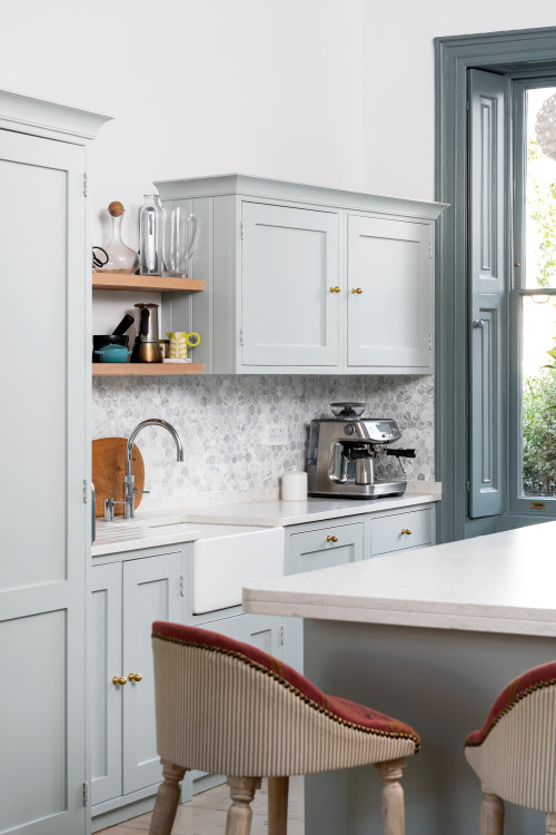 Light Gray Shaker Cabinets and Wood Floating Shelves: Kitchen Sink Backsplash Ideas