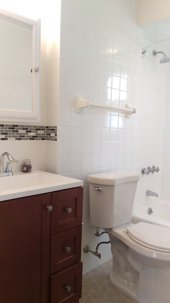 Inspiration for a small transitional bathroom in Newark with shaker cabinets, brown cabinets, an alcove tub, a shower/bathtub combo, a two-piece toilet, white tile, white walls, ceramic floors, an integrated sink, soapstone benchtops, beige floor and a shower curtain.