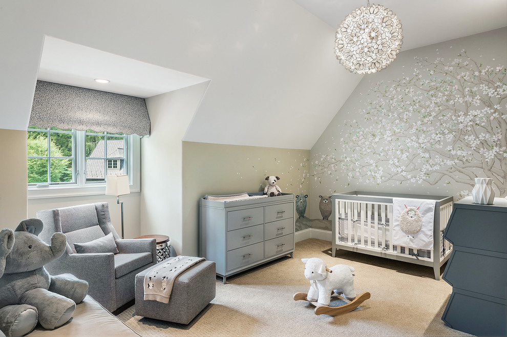Example of a mid-sized transitional gender-neutral carpeted and beige floor nursery design in Philadelphia with multicolored walls