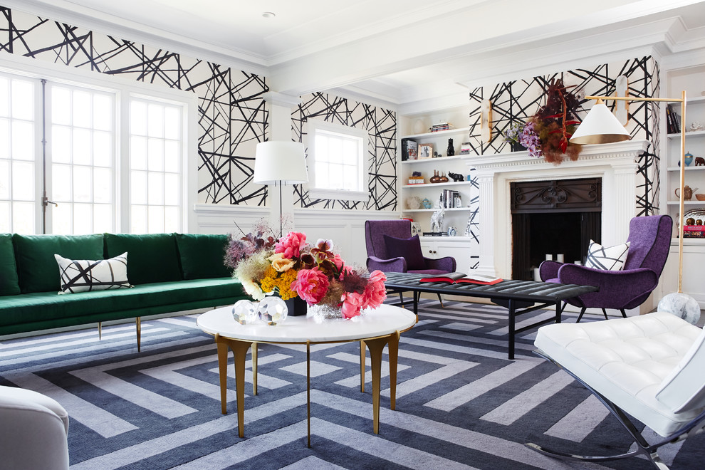 Example of a large eclectic formal and enclosed dark wood floor living room design in San Francisco with white walls, a standard fireplace, a plaster fireplace and no tv