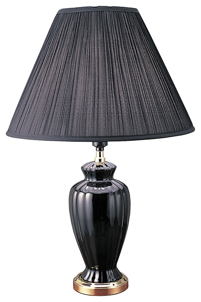 26" Tall Ceramic Table Lamp, Urn-Shaped With Black Finish, Linen Shade