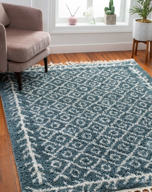 Well Woven Cabana Tribal Geometric Shag Agata Light Blue Area Rug, 5'3