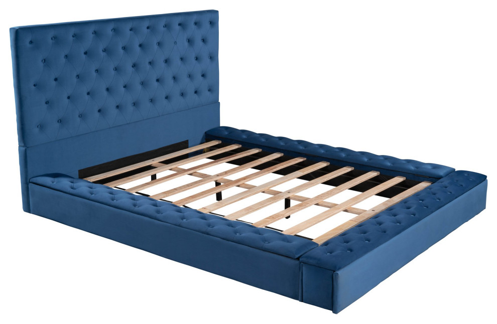 Modern Platform Bed, Velvet Upholstery and Storage Compartments, Blue, Queen