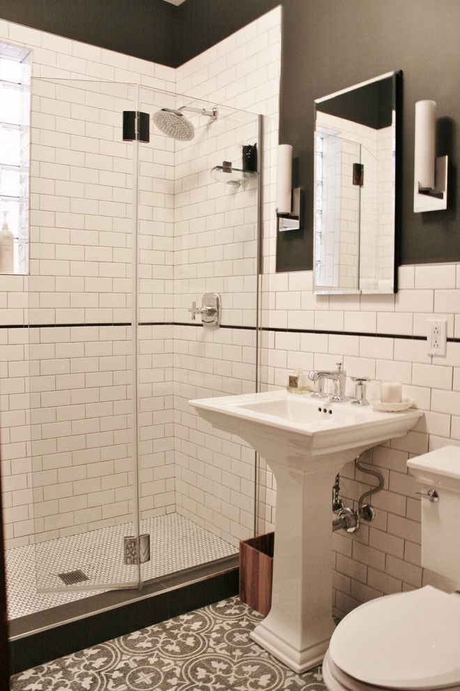 Inspiration for a small transitional 3/4 white tile and subway tile cement tile floor home design remodel in Chicago with furniture-like cabinets, a one-piece toilet, beige walls and a pedestal sink