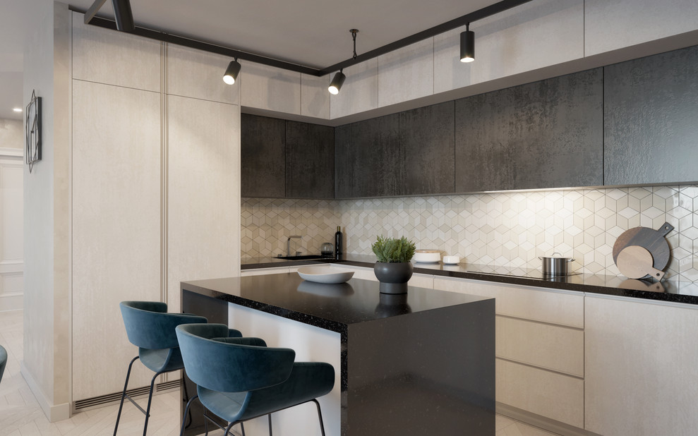 Design ideas for a contemporary l-shaped kitchen in Moscow with a single-bowl sink, flat-panel cabinets, beige cabinets, beige splashback, with island, beige floor and black benchtop.