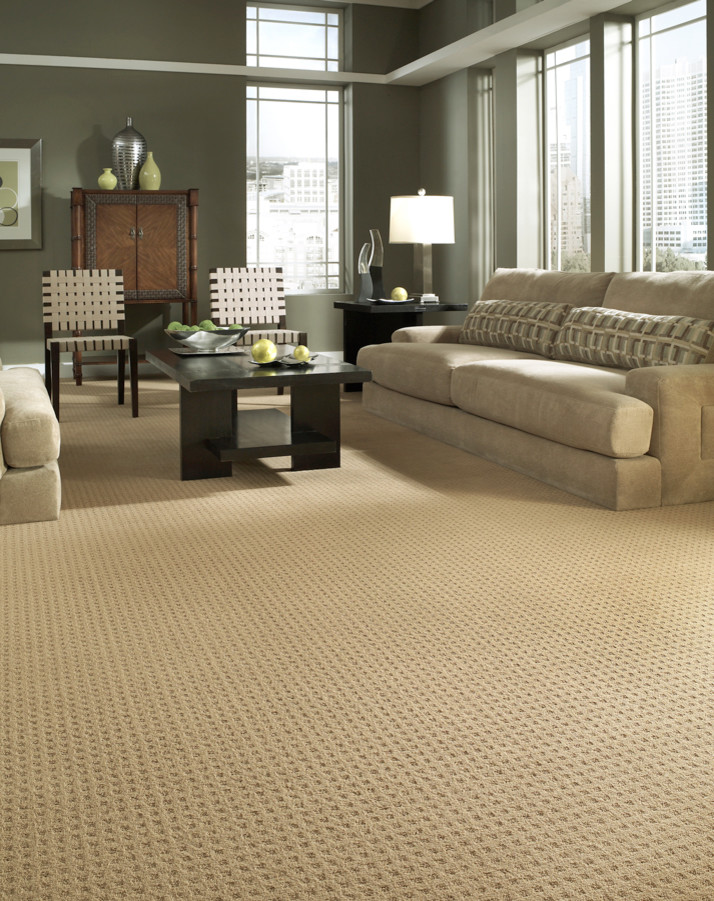 Inspiration for a large contemporary formal open concept living room in Atlanta with carpet, no tv and green walls.