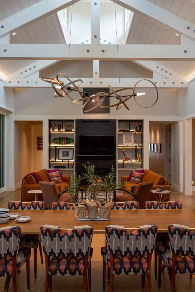 St. Andrews Napa CA Rebuild - This home in Napa off Silverado was rebuilt after burning down in the 2017 fires. Architect David Rulon, a former associate of Howard Backen, known for this Napa Valley industrial modern farmhouse style. Composed in mostly a neutral palette, the bones of this house are bathed in diffused natural light pouring in through the clerestory windows. Beautiful textures and the layering of pattern with a mix of materials add drama to a neutral backdrop. The homeowners are pleased with their open floor plan and fluid seating areas, which allow them to entertain large gatherings. The result is an engaging space, a personal sanctuary and a true reflection of it's owners' unique aesthetic.
Inspirational features are metal fireplace surround and book cases as well as Beverage Bar shelving done by Wyatt Studio, painted inset style cabinets by Gamma, moroccan CLE tile backsplash and quartzite countertops.