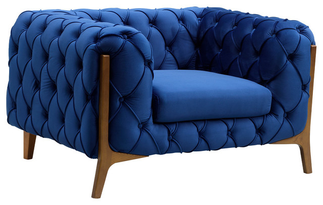 Jade Modern Tufted Sofa Chair In Champagne Finish With Dark Blue Velvet