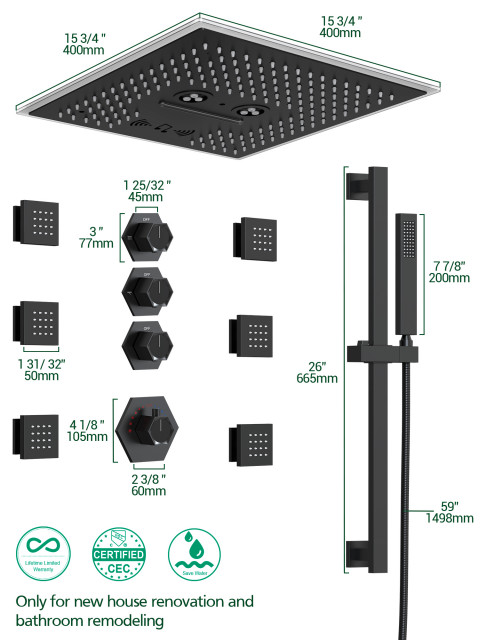 Music LED Shower System 16" Rain Shower Head with Thermostatic Brass ...