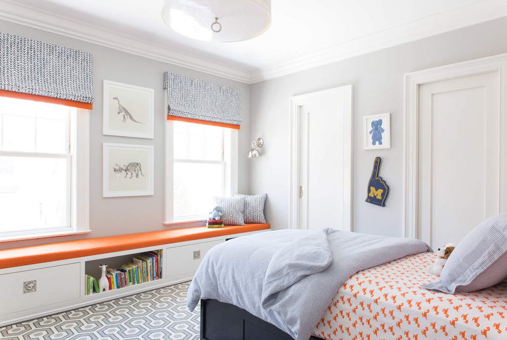 Design ideas for a transitional kids' bedroom for kids 4-10 years old and boys in New York with grey walls, dark hardwood floors and multi-coloured floor.